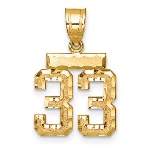 14k gold small brushed diamond-cut number 33 charm pendant from Solomon Jewelers, featuring a stylish numeric design.