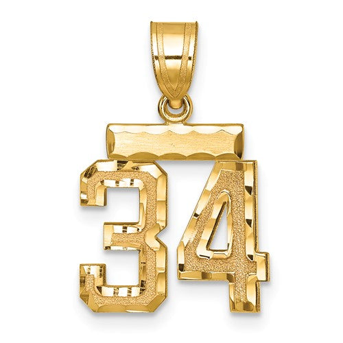 14k gold small brushed number 34 charm with diamond-cut details, designed for necklaces or bracelets.