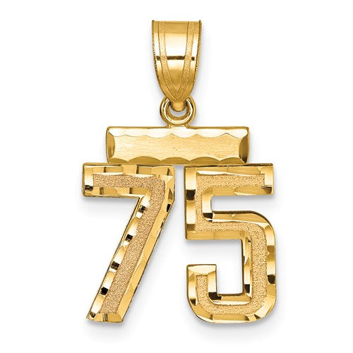 14k gold small brushed diamond-cut number 75 charm pendant with a sleek finish, perfect for jewelry and charm collection.