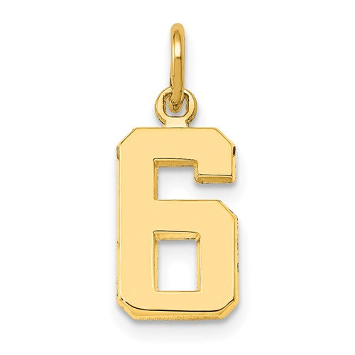 14k gold small polished number 6 charm, jewelry pendant from Solomon Jewelers, showing a shiny gold number 6 charm.