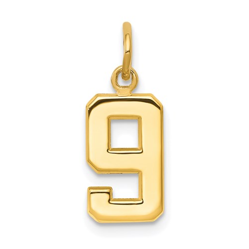 14k gold small polished number 9 charm, jewelry pendant with a shiny finish, ideal for necklaces or bracelets.