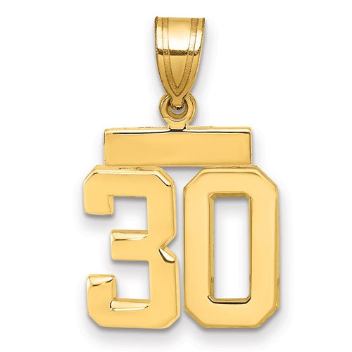 14k gold small polished number 30 charm, shiny pendant for jewelry, from Solomon Jewelers.
