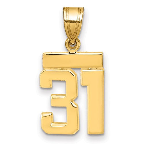 14k gold small polished number 31 charm, jewelry pendant with smooth finish, ideal for custom necklaces, by Solomon Jewelers