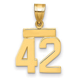 14k gold small polished number 42 charm, Solomon Jewelers, ideal for necklaces or bracelets, shiny and detailed jewelry charm.