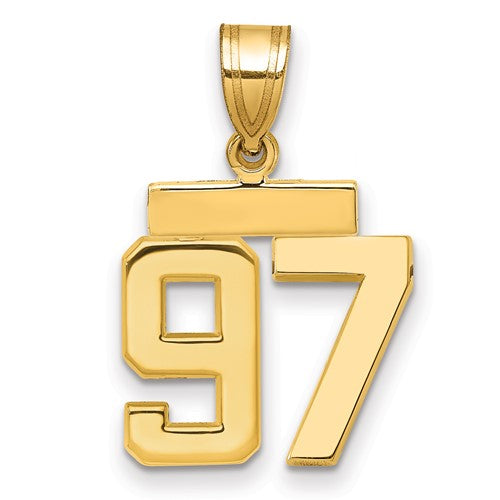 14k gold polished number 97 charm from Solomon Jewelers, small and shiny pendant for necklaces or bracelets.