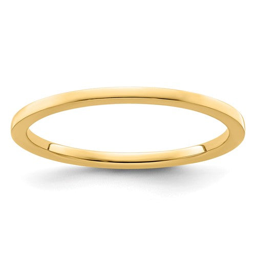 14K gold flat stackable ring with 1.2mm width, designed for stacking, by Solomon Jewelers.