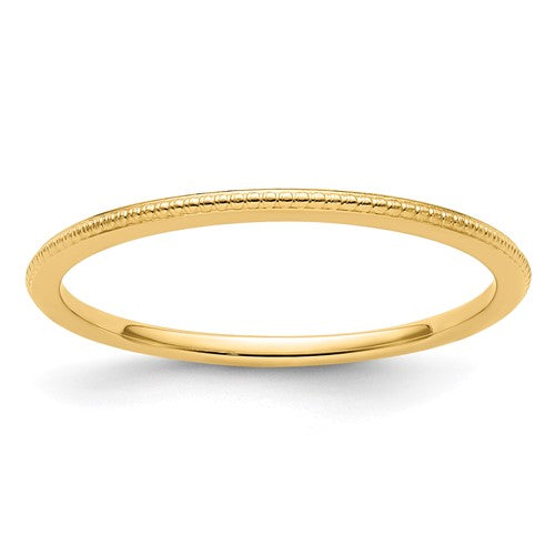 14K gold 1.2mm bead stackable ring from Solomon Jewelers, featuring a sleek, textured design in a close-up shot.