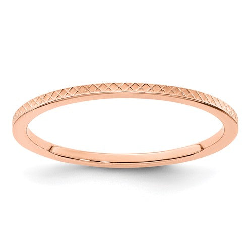 14K rose gold criss-cross pattern stackable ring with 1.2mm width, featuring a sleek, modern design.