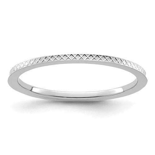 14K white gold criss-cross pattern stackable ring, 1.2mm width, elegant jewelry band with intricate design.