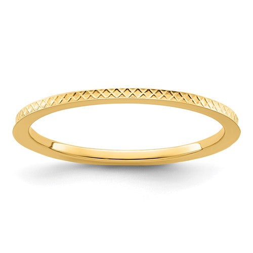 14K gold criss-cross pattern stackable ring featuring a 1.2mm width, crafted by Solomon Jewelers.
