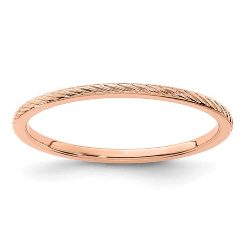 14K rose gold twisted wire pattern stackable ring, 1.2mm width, elegant jewelry band with intricate design.