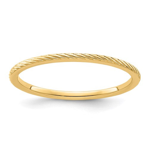 14K gold twisted wire pattern stackable ring, 1.2mm width, elegant jewelry ring featuring a textured design by Solomon Jewelers.