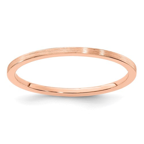 14K rose gold flat satin stackable ring with 1.2mm width, designed for elegant jewelry stacking and everyday wear.