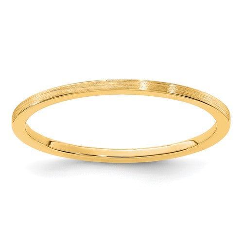 14K gold flat satin stackable ring with 1.2mm width, showcasing a sleek, polished jewelry ring design.