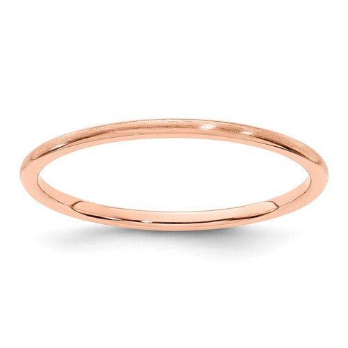 14K rose gold stackable ring with 1.2mm half-round satin finish, designed for elegant everyday wear.