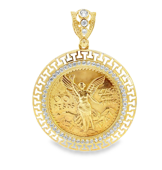 10Karat Yellow Gold 50 Pesos Centenario Coin Pendant with CZ Border - Solomon Jewelers