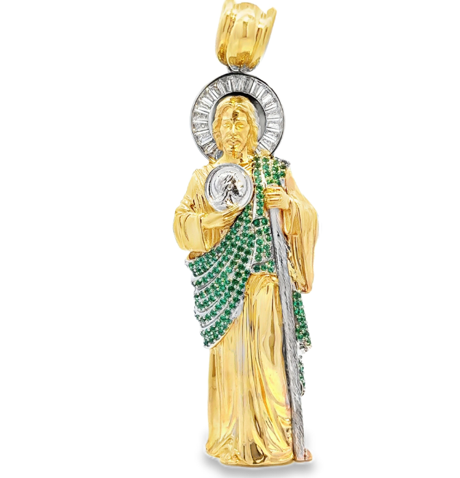 10Karat Yellow Gold St. Jude Pendant with Green Cz Stones - Solomon Jewelers