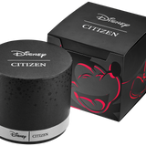 A Disney Citizen watch presentation box and matching cylindrical container in black with red Mickey Mouse silhouette graphics and white branding, shown on a clean white background.