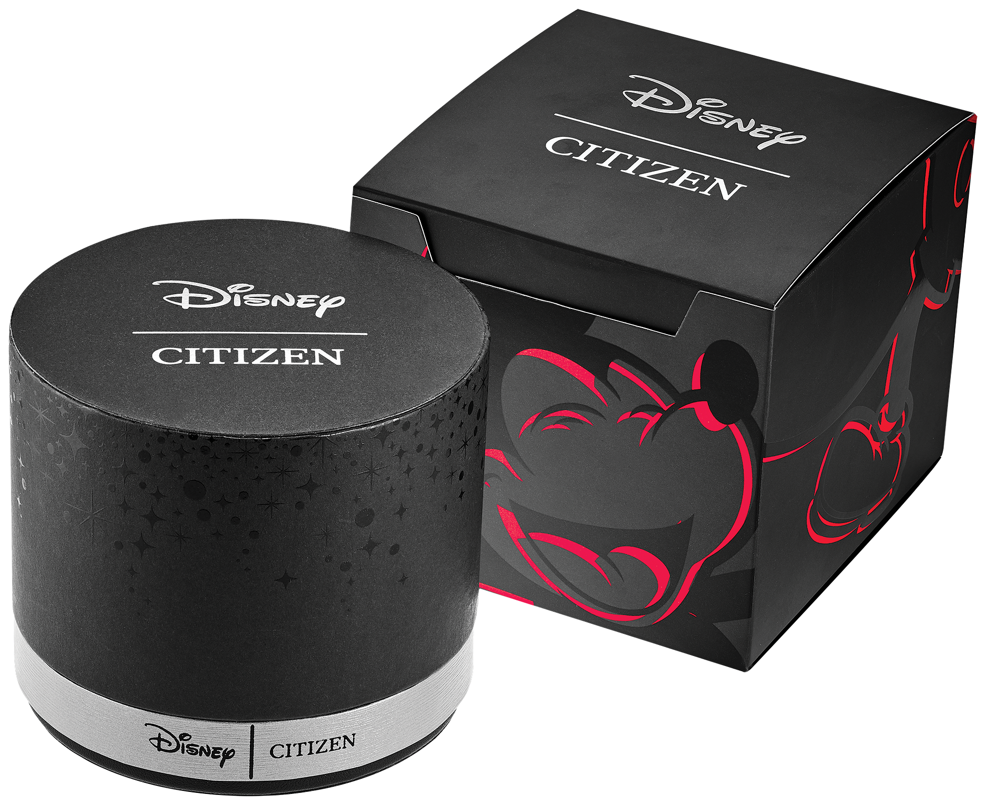 A Disney Citizen watch presentation box and matching cylindrical container in black with red Mickey Mouse silhouette graphics and white branding, shown on a clean white background.