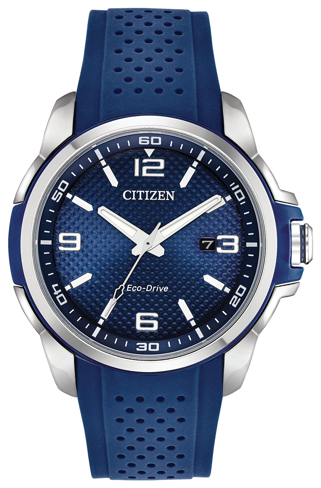 Citizen Eco-Drive watch with a textured blue dial, silver-tone stainless steel case, and a blue perforated silicone strap, shown on a white background.