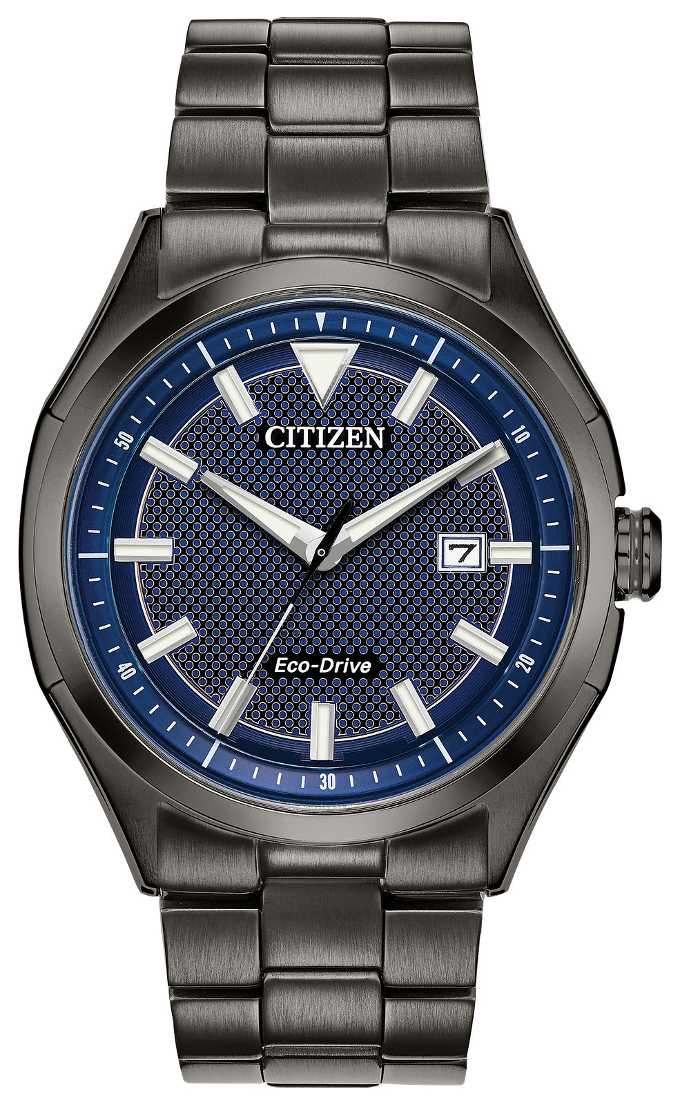Citizen Eco-Drive watch with a dark gunmetal gray metal case and bracelet, featuring a textured blue dial with silver-tone indices and hands.