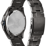 Citizen watch shown from the back, featuring a brushed stainless steel case back and a dark gunmetal metallic link bracelet with a sliding clasp.