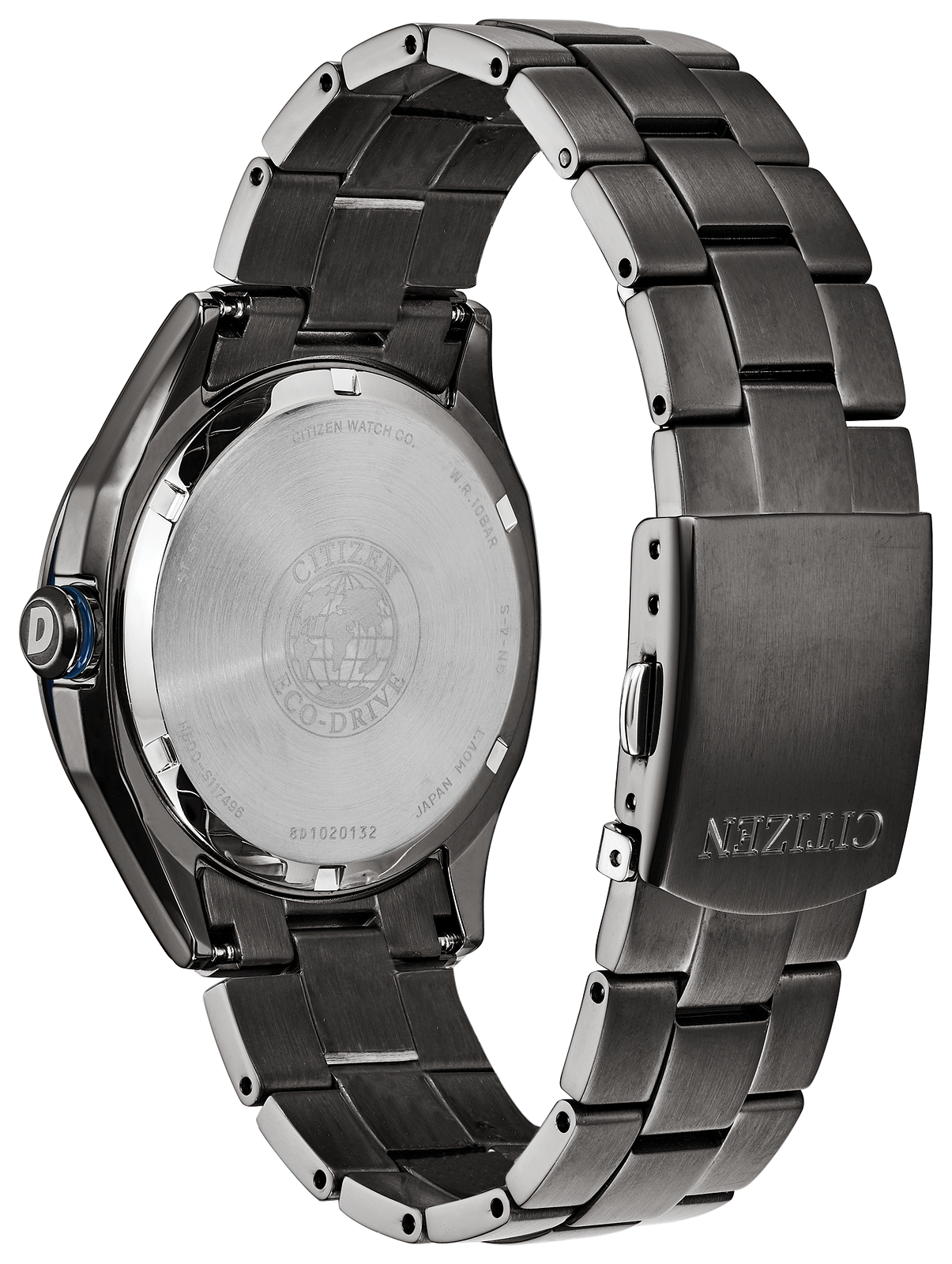 Citizen watch shown from the back, featuring a brushed stainless steel case back and a dark gunmetal metallic link bracelet with a sliding clasp.