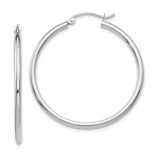 14k-white-gold-polished-2x35mm-tube-hoop-earrings-SolomonJeweler-Wichita-KS-CustomJewelry