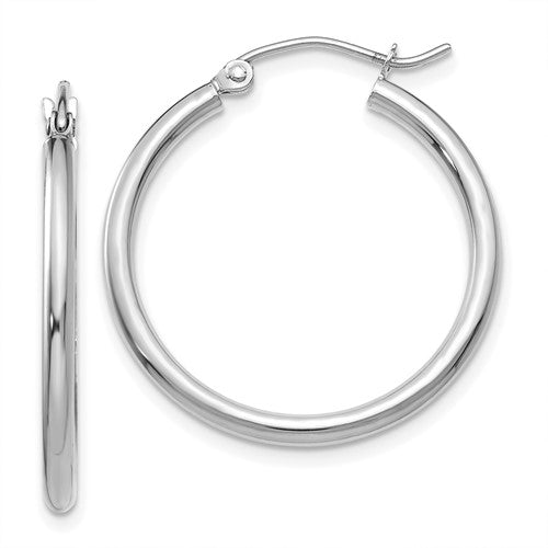 14k-white-gold-polished-2x25mm-tube-hoop-earrings-SolomonJeweler-Wichita-KS-CustomJewelry