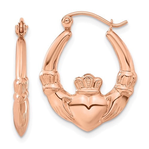14k-rose-gold-polished-claddagh-hoop-earrings-SolomonJeweler-Wichita-KS-CustomJewelry