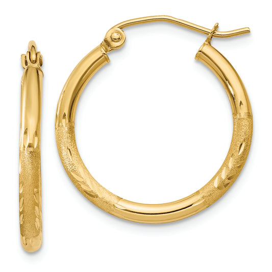 14k Satin and Diamond-cut 2mm Round Tube Hoop Earrings - Solomon Jewelers