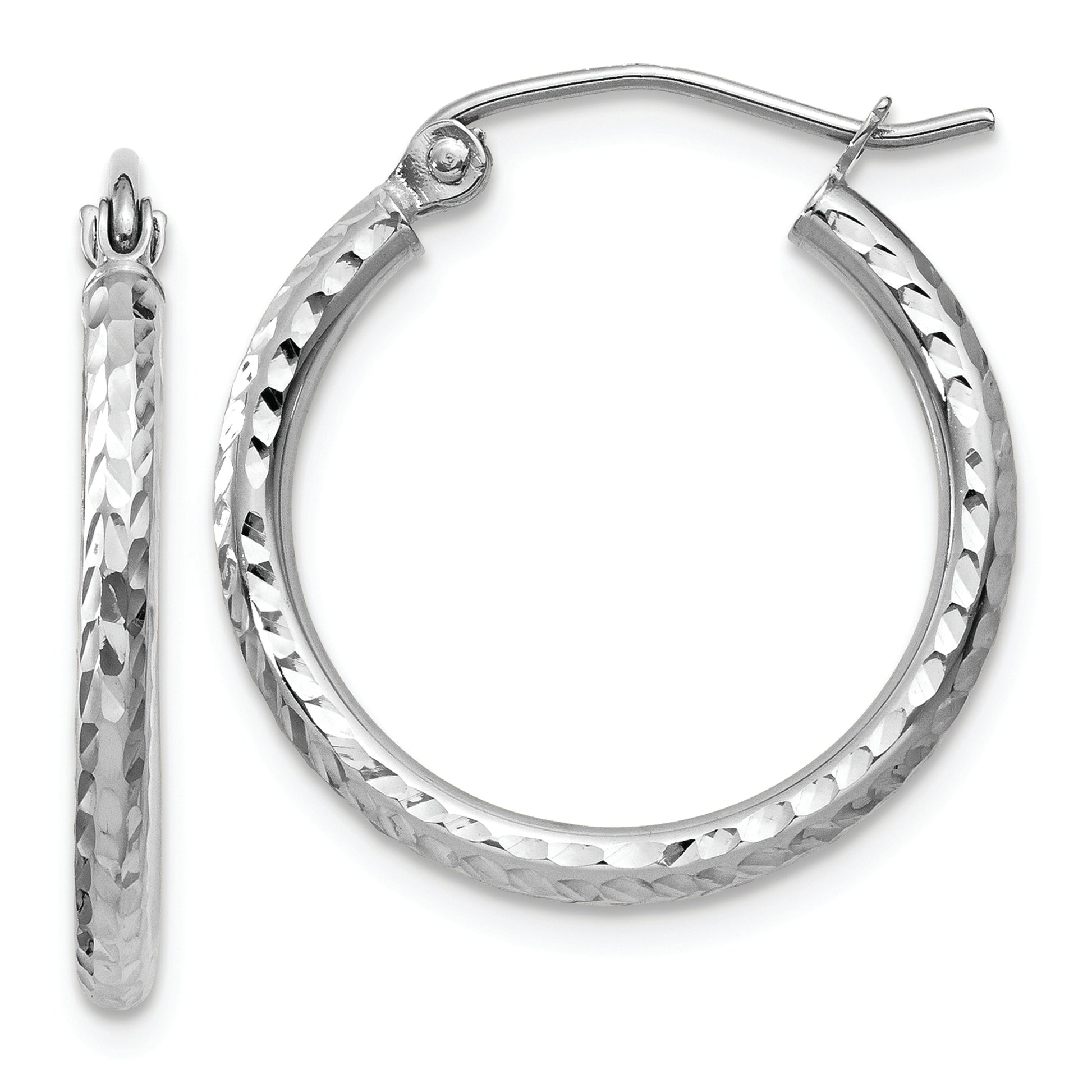 14k White Gold Diamond-cut 2mm Round Tube Hoop Earrings - Solomon Jewelers