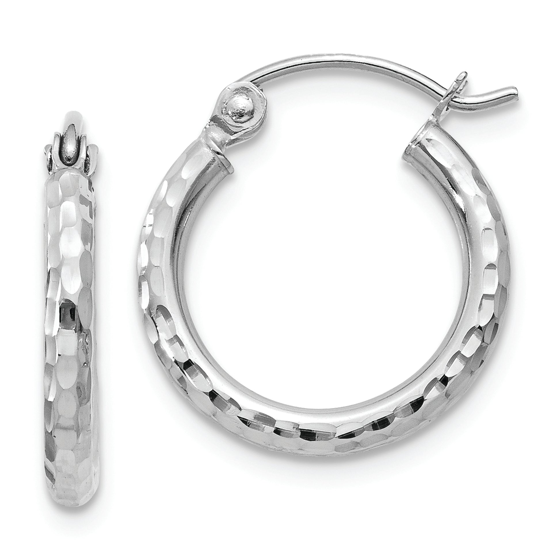 14k White Gold Diamond-cut 2mm Round Tube Hoop Earrings - Solomon Jewelers