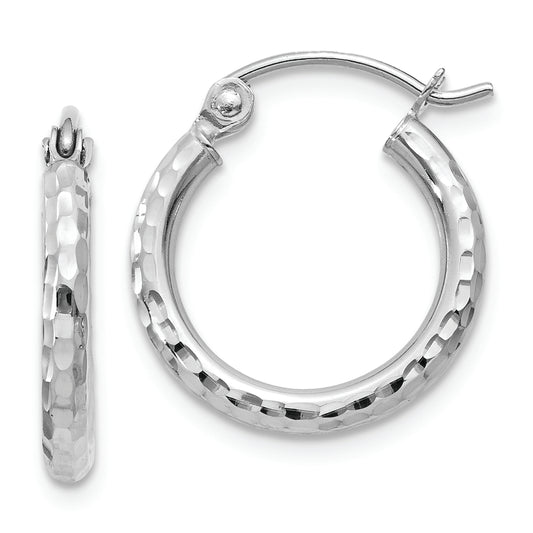 14k White Gold Diamond-cut 2mm Round Tube Hoop Earrings - Solomon Jewelers