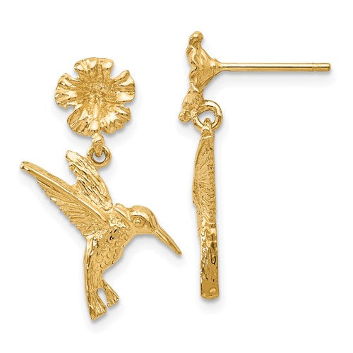 14k-hummingbird-dangles-from-flower-post-earrings-SolomonJeweler-Wichita-KS-CustomJewelry