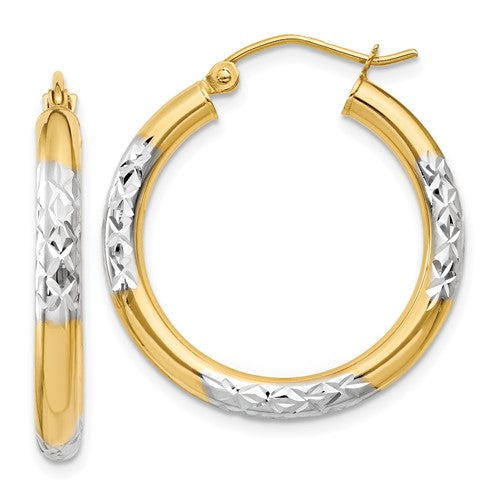14k-and-rhodium-diamond-cut-3x25mm-hoop-earrings-SolomonJeweler-Wichita-KS-CustomJewelry