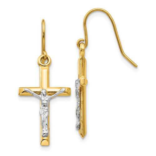14k-two-tone-polished-crucifix-earrings-SolomonJeweler-Wichita-KS-CustomJewelry