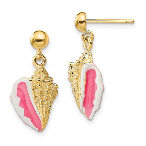 14k-white-and-pink-enamel-conch-shell-dangle-earrings-SolomonJeweler-Wichita-KS-CustomJewelry
