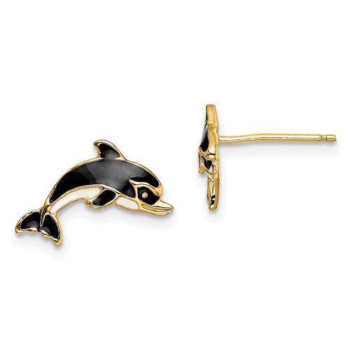 14k-white-and-black-enamel-dolphin-post-earrings-SolomonJeweler-Wichita-KS-CustomJewelry