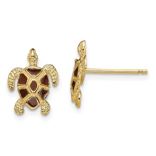 14k-sea-turtle-w-brown-enamel-shell-textured-post-earrings-SolomonJeweler-Wichita-KS-CustomJewelry