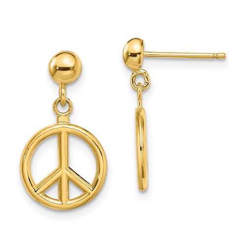 14k-3-d-polished-peace-symbol-dangle-earrings-SolomonJeweler-Wichita-KS-CustomJewelry