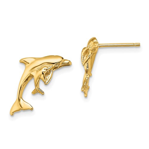 14k-polished-dolphin-and-baby-post-earrings-SolomonJeweler-Wichita-KS-CustomJewelry