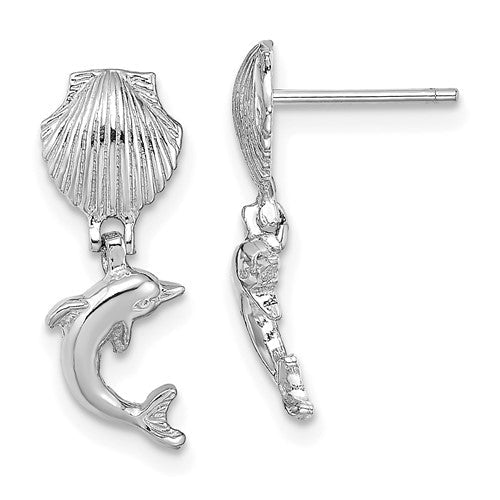 14k-white-gold-dolphin-dangle-from-mini-scallop-earrings-SolomonJeweler-Wichita-KS-CustomJewelry