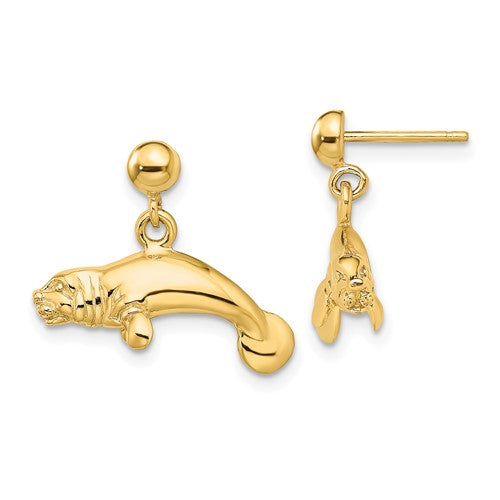 14k-3-d-polished-manatee-dangle-earrings-SolomonJeweler-Wichita-KS-CustomJewelry