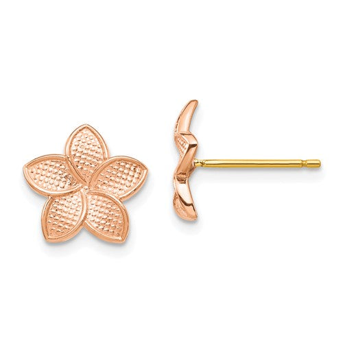 14k-rose-gold-polished-textured-plumeria-yellow-post-earring-backs-SolomonJeweler-Wichita-KS-CustomJewelry