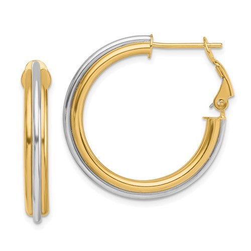 14k-two-tone-28mm-polished-omega-back-hoop-earrings-SolomonJeweler-Wichita-KS-CustomJewelry