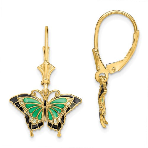 14k-butterfly-w-green-enameled-wings-leverback-earrings-SolomonJeweler-Wichita-KS-CustomJewelry