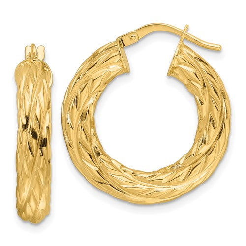 14ky-polished-woven-texture-4-75mm-round-hoop-earrings-SolomonJeweler-Wichita-KS-CustomJewelry