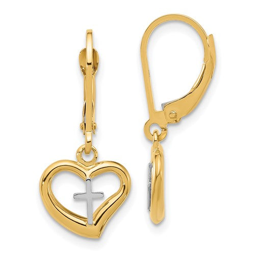 14k-two-tone-polished-cross-in-heart-leverback-dangle-earrings-SolomonJeweler-Wichita-KS-CustomJewelry