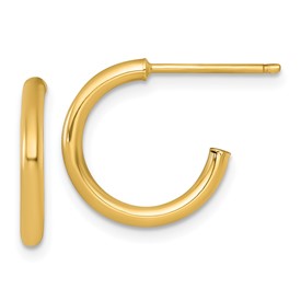 Polished 14k gold 15mm post hoop earrings from Solomon Jewelers, featuring a sleek, shiny finish and classic design.